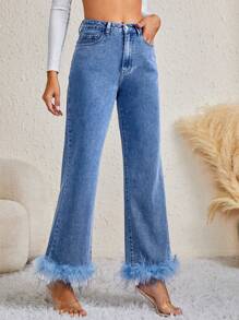 SHEIN Tall High Waist Fuzzy Hem Straight Leg Jeans - Medium Wash - View 4