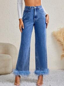 SHEIN Tall High Waist Fuzzy Hem Straight Leg Jeans - Medium Wash - View 5