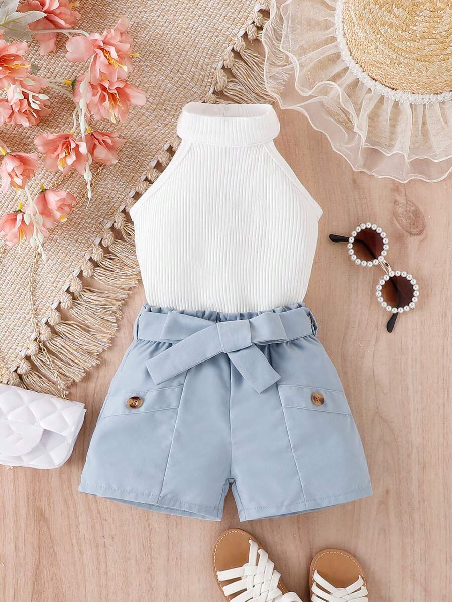 嬰兒掛脖上衣和紙袋腰短褲 - 藍白色 - 查看 1