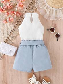 嬰兒掛脖上衣和紙袋腰短褲 - 藍白色 - 查看 2