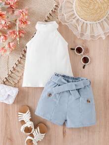 嬰兒掛脖上衣和紙袋腰短褲 - 藍白色 - 查看 3