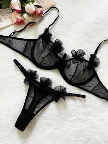 PetitDoll Solid Mesh Underwire Lingerie Set - Black - View 1