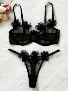 PetitDoll Solid Mesh Underwire Lingerie Set - Black - View 2
