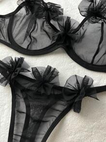 PetitDoll Solid Mesh Underwire Lingerie Set - Black - View 3