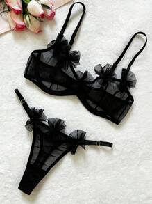 PetitDoll Solid Mesh Underwire Lingerie Set - Black - View 5