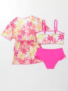 Ensemble de bikini à volants avec imprimé floral pour jeune fille avec kimono, pour l'été et la plage