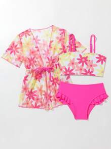 Ensemble de bikini à volants avec imprimé floral pour jeune fille avec kimono, pour l'été et la plage