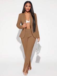 SHEIN SXY 青果領單釦西裝外套 - 卡其色 - 查看 3