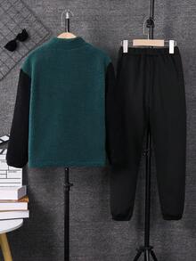 SHEIN 男大童1入組字母刺繡雙色搖粒絨夾克&1入組衛褲 - 彩色 - 查看 2