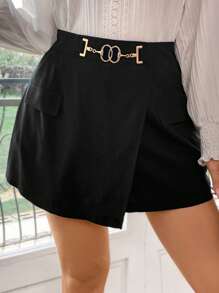 SHEIN Clasi Plus Chain Detail Wrap Hem Skort - Black - View 3