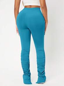 SHEIN SXY 褶邊下擺開叉堆堆褲 - 藍色 - 查看 2