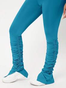 SHEIN SXY 褶邊下擺開叉堆堆褲 - 藍色 - 查看 4