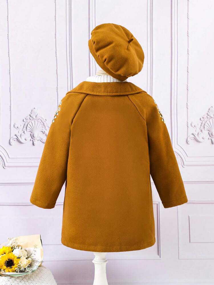 Young Girl 1pc Floral Embroidery Button Front Overcoat