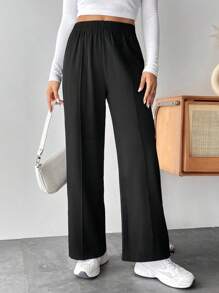 SHEIN PETITE Solid Elastic Waist Wide Leg Trousers - Black - View 1