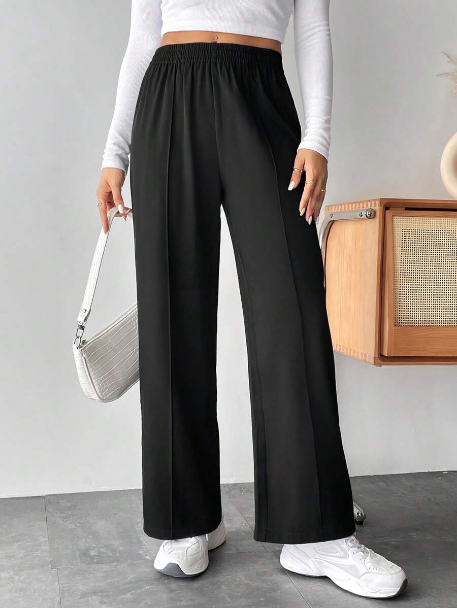 SHEIN PETITE Solid Elastic Waist Wide Leg Trousers - Black - View 1