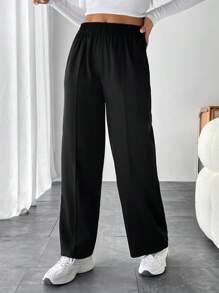 SHEIN PETITE Solid Elastic Waist Wide Leg Trousers - Black - View 3
