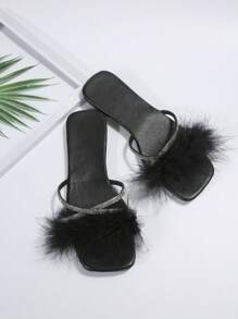 Dép xỏ ngón đính đá lông thú cho nữ, Dép xỏ ngón phong cách tiên nữ đế bằng mới, Giày mùa hè - màu đen - Xem 3