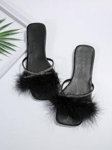 Dép xỏ ngón đính đá lông thú cho nữ, Dép xỏ ngón phong cách tiên nữ đế bằng mới, Giày mùa hè - màu đen - Xem 5