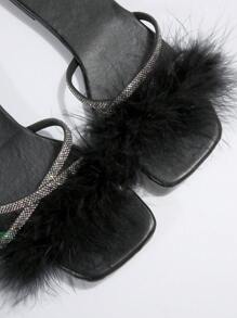 Dép xỏ ngón đính đá lông thú cho nữ, Dép xỏ ngón phong cách tiên nữ đế bằng mới, Giày mùa hè - màu đen - Xem 7