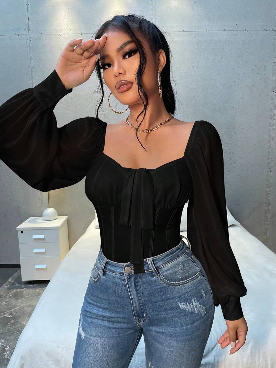 SHEIN SXY Camisa casual de manga larga con cuello estilo corazón, mangas de farol, nudo delantero y volantes en el busto, negra, para primavera y verano - Blusas de manga larga - Negro - Ver 1