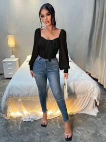 SHEIN SXY Camisa casual de manga larga con cuello estilo corazón, mangas de farol, nudo delantero y volantes en el busto, negra, para primavera y verano - Blusas de manga larga - Negro - Ver 3