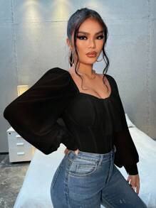 SHEIN SXY Camisa casual de manga larga con cuello estilo corazón, mangas de farol, nudo delantero y volantes en el busto, negra, para primavera y verano - Blusas de manga larga - Negro - Ver 4