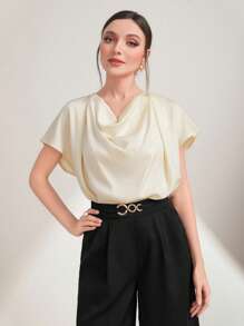 Modelyn Draped Collar Batwing Sleeve Blouse - Beige - View 1