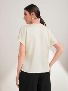 Modelyn Draped Collar Batwing Sleeve Blouse - Beige - View 2