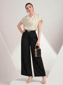 Modelyn Draped Collar Batwing Sleeve Blouse - Beige - View 3