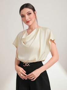 Modelyn Draped Collar Batwing Sleeve Blouse - Beige - View 4