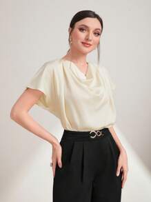 Modelyn Draped Collar Batwing Sleeve Blouse - Beige - View 5