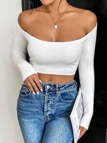 Firerie 露肩短款罗纹针织毛衣、长袖上衣 - 白色 - 查看 4