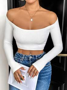 Firerie 露肩短款罗纹针织毛衣、长袖上衣 - 白色 - 查看 5