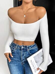 Firerie 露肩短款罗纹针织毛衣、长袖上衣 - 白色 - 查看 6