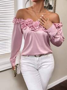 GENKIRA Off Shoulder Frill Trim Blouse - Pink - View 3