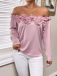 GENKIRA Off Shoulder Frill Trim Blouse - Pink - View 4