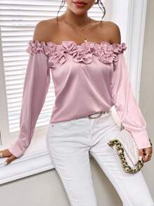 GENKIRA Off Shoulder Frill Trim Blouse - Pink - View 2