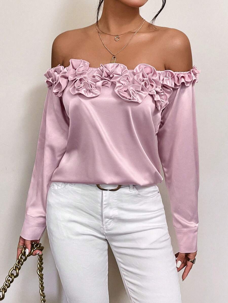 GENKIRA Off Shoulder Frill Trim Blouse - Pink - View 1