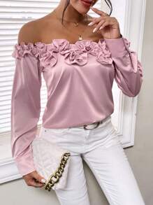 GENKIRA Off Shoulder Frill Trim Blouse - Pink - View 5