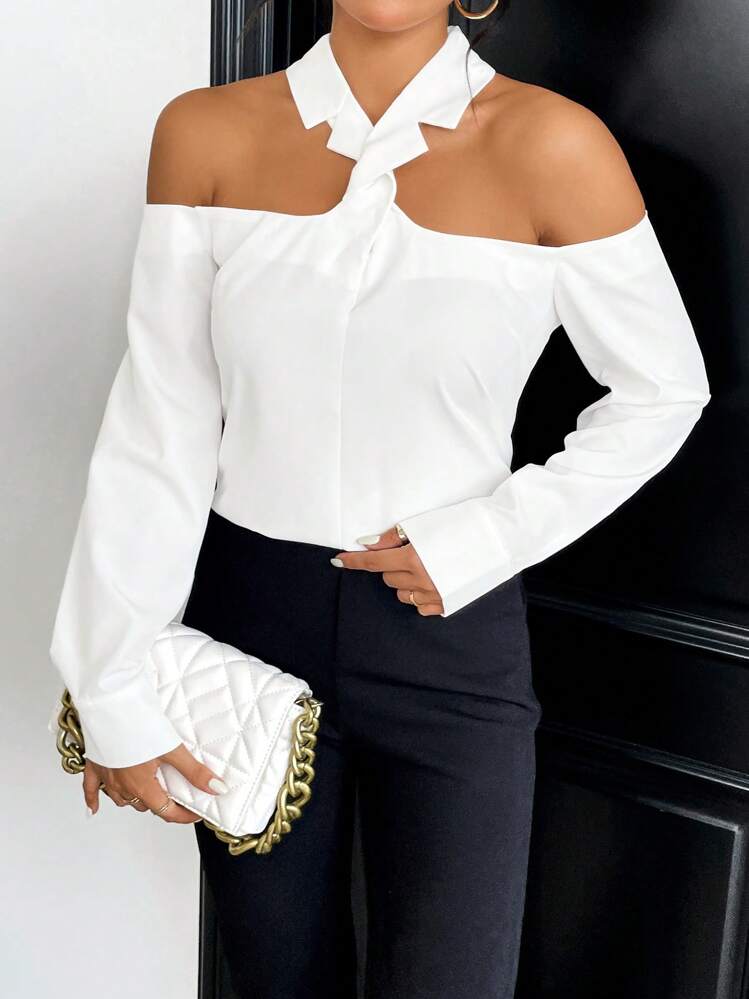 SHEIN Privé Blusa unicolor de cuello halter - Blanco - Añade 1