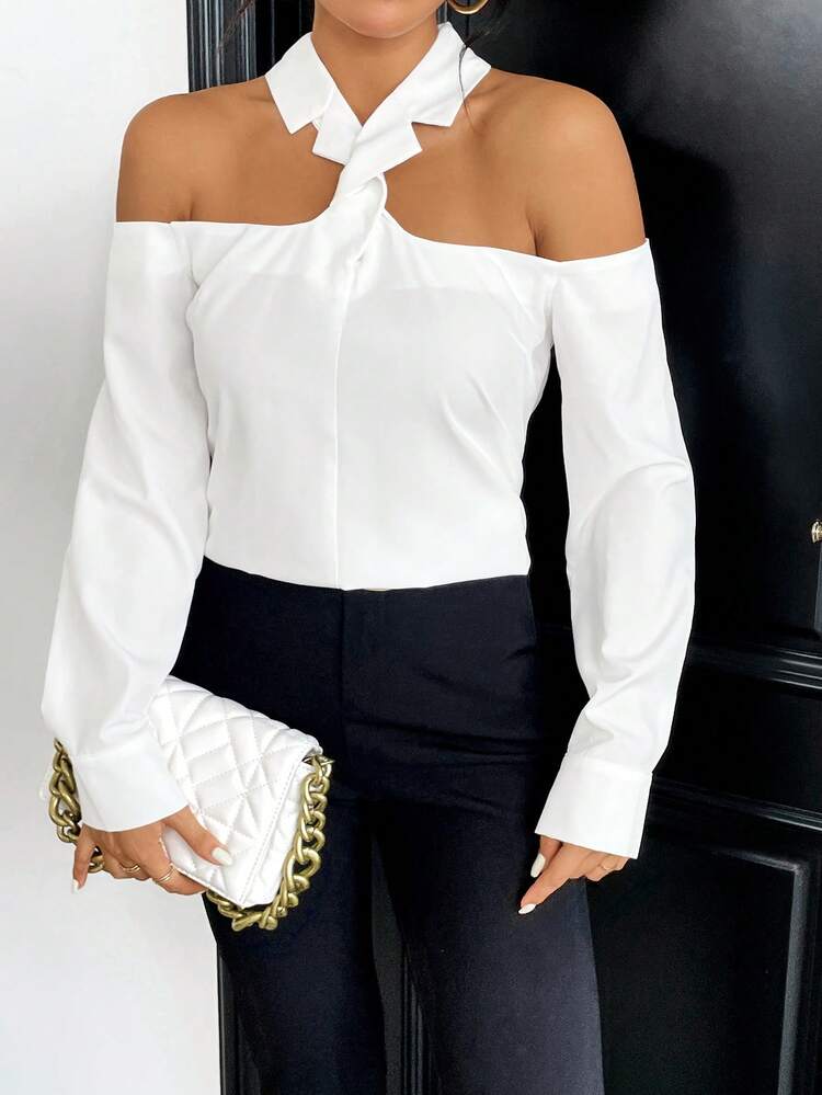 SHEIN Privé Blusa unicolor de cuello halter - Blanco - Añade 4