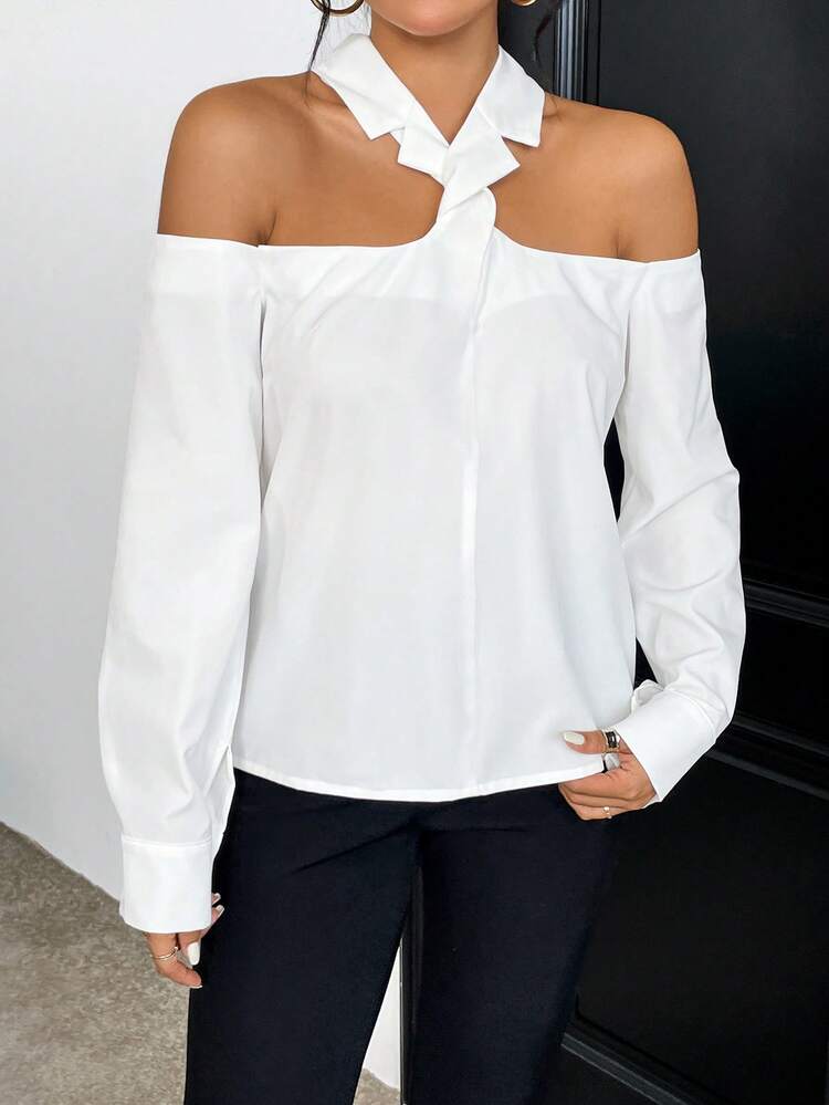 SHEIN Privé Blusa unicolor de cuello halter - Blanco - Añade 5