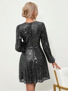 Aveloria Surplice Neck Lantern Sleeve Sequin A-Line Dress