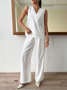 SHEIN Essnce Solid Tank Top & Wide Leg Pants - White - View 6