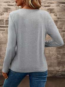 EMERY ROSE Notched Neck Pocket Patched Tee Fall Cloth For Women - Grey - View 3