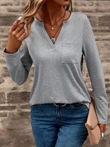 EMERY ROSE Notched Neck Pocket Patched Tee Fall Cloth For Women - Grey - View 4