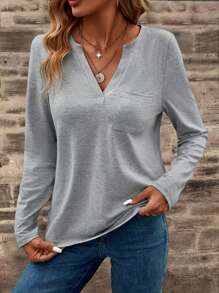 EMERY ROSE Notched Neck Pocket Patched Tee Fall Cloth For Women - Grey - View 6