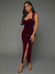 SHEIN SXY 水鑽細節高衩絲絨連衣裙 - 酒紅色 - 查看 4