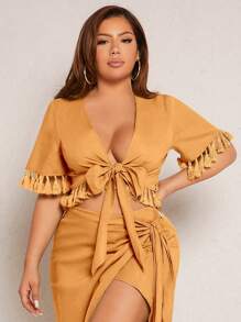 SHEIN SXY Plus Knot Front Tassel Trim Crop Top - Yellow - View 4