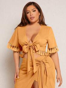 SHEIN SXY Plus Knot Front Tassel Trim Crop Top - Yellow - View 5